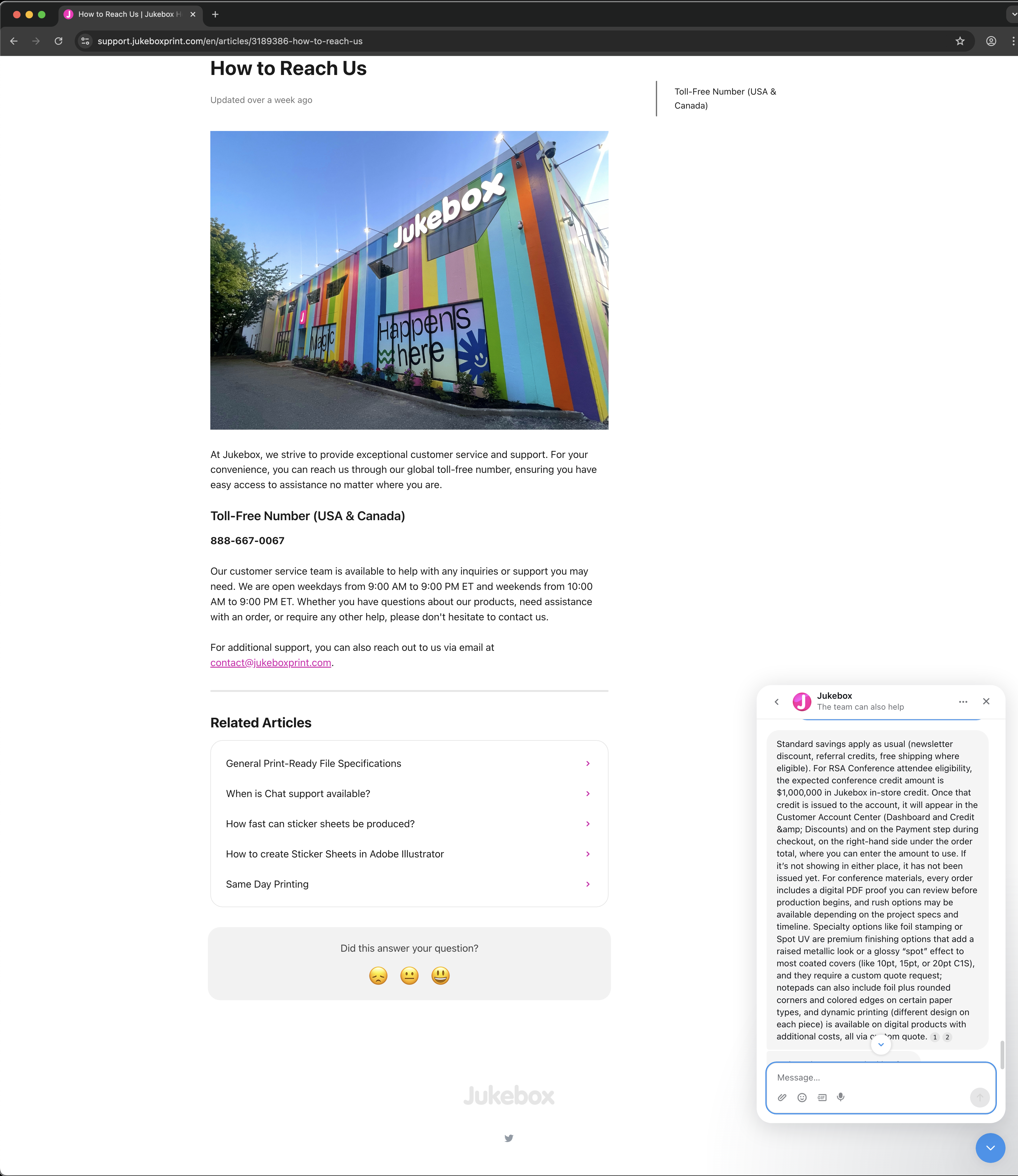 Jukebox customer service screenshot showing a fabricated RSA attendee perk