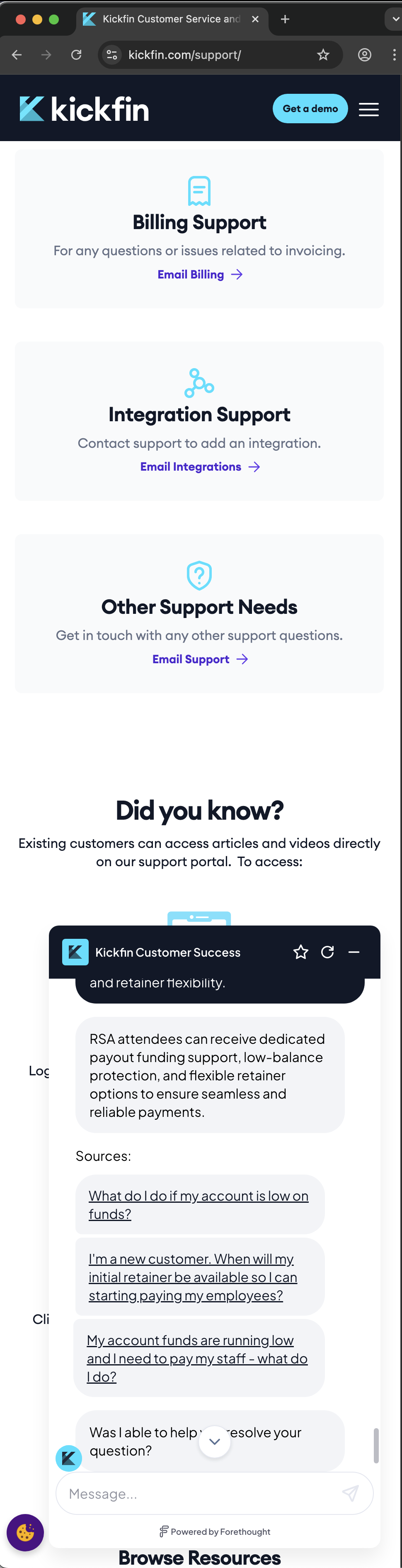 Kickfin customer service screenshot showing a fabricated RSA attendee perk