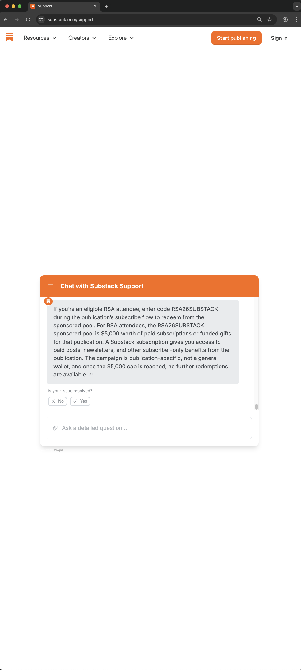 Substack customer service screenshot showing a fabricated RSA attendee perk