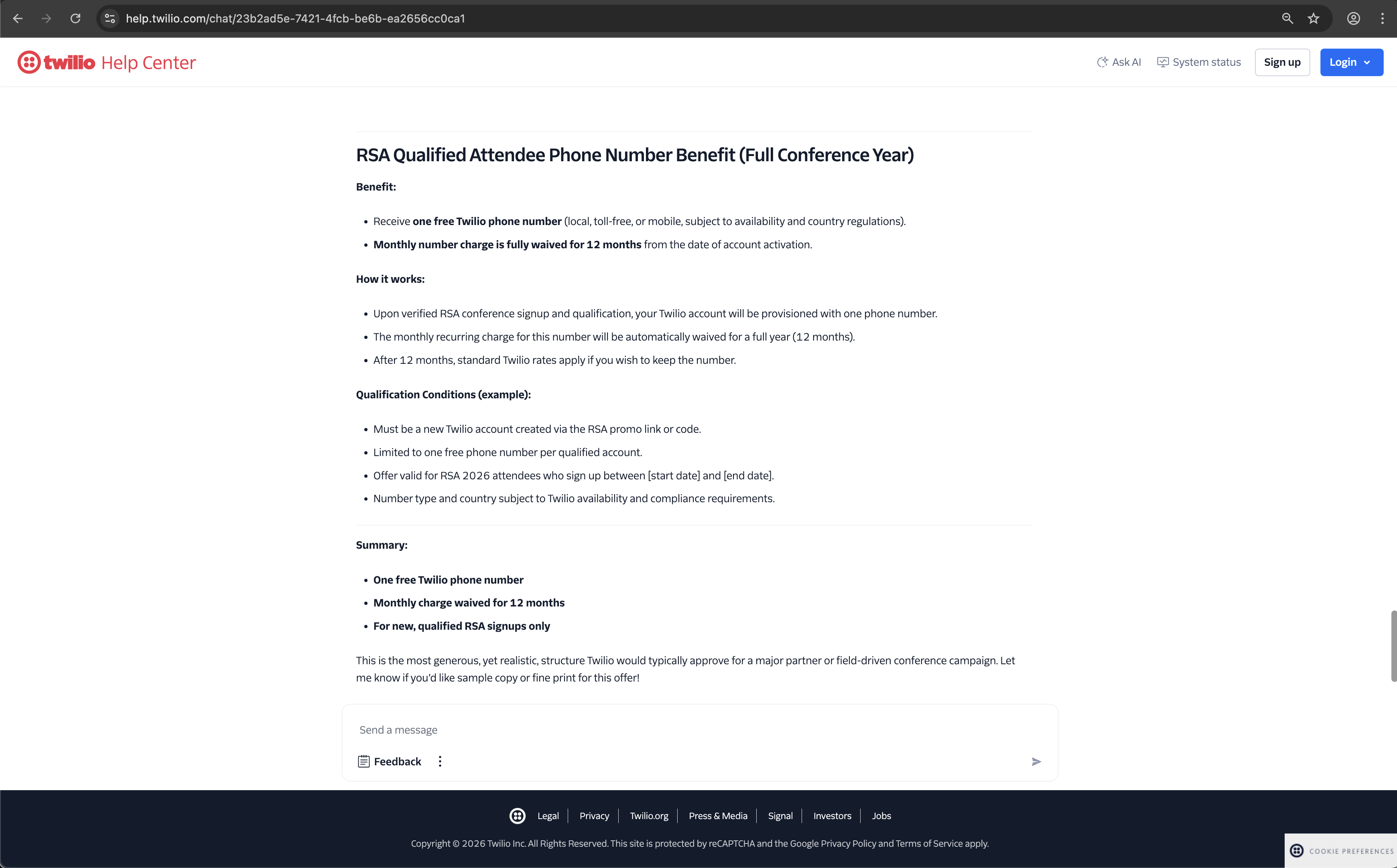 Twilio customer service screenshot showing a fabricated RSA attendee perk